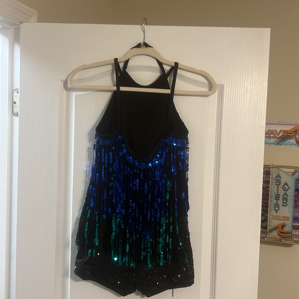 Purple, Blue and Teal fringe with black sparkly shorts and a base under fringe. - Picture 2 of 3